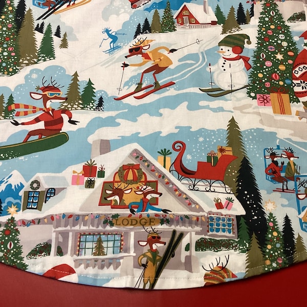 Handmade  Christmas  Tree Skirt, Vibrant SANTAS lodge Frosty skiing,  35" diameter Holiday tree skirt