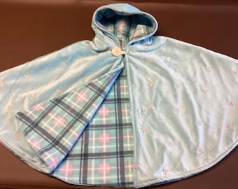 Childs Minky Embroidered cloak, Girls hooded cape, Car seat poncho, Fits kids size 10-12