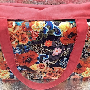 Reusable Large Shopping Tote bag, Jungle print with Tigers and Flowers