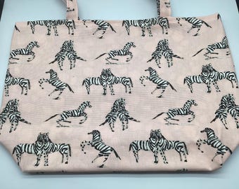 Reusable Reversible X Large Shopping Tote bag, Zebras on pink cotton and canvas