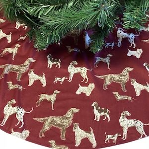 Handmade New  Puppy Dog and candy canes Christmas 20&quot; tabletop &  35&quot; diameter Holiday tree skirt