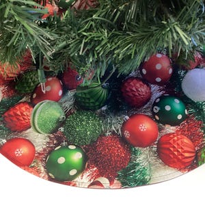 Christmas tree skirt 20&quot;  in Diameter, Made with  Vintage Ornaments.  20”  and 35&quot; diameter