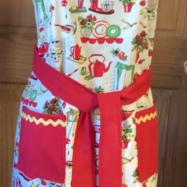 Apron full reversible Vintage Pattern, Retro Kitchen 50’s Style, pockets, Mommy and Me, Childs apron available