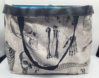 Reusable Reversible Large Shopping  Canvas Tote bag, Skeletons, Bones and Skulls, with new style lining