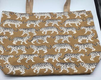 Reusable Reversible X Large Shopping Tote bag, Leopards, cotton canvas