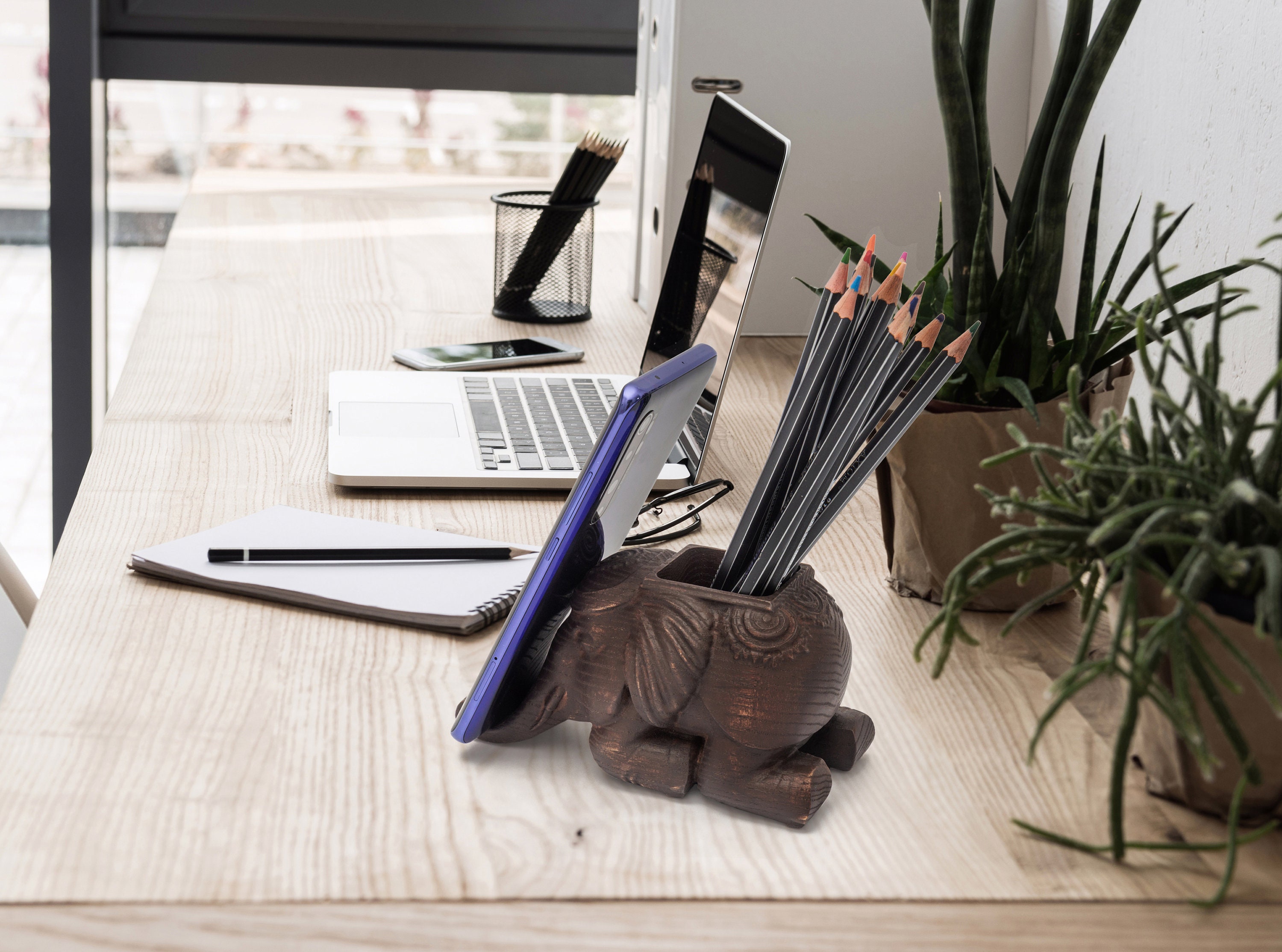 Elephant Wood Pen Pencil Holder With Cell Phone Stand For Desk Etsy