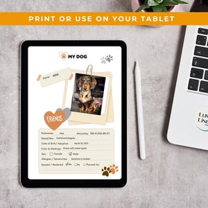 May include: A digital pet profile displayed on a tablet. The profile includes a photo of a Dachshund, the name "MAX", and details like breed, date of birth, and color. The tablet is next to a laptop and a stylus.