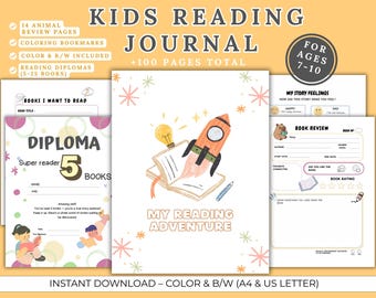 May include: A kids' reading journal with a rocket ship illustration on the cover, designed for ages 7-10. Includes pages for book reviews, story feelings, and reading diplomas. Features coloring bookmarks and animal review pages.