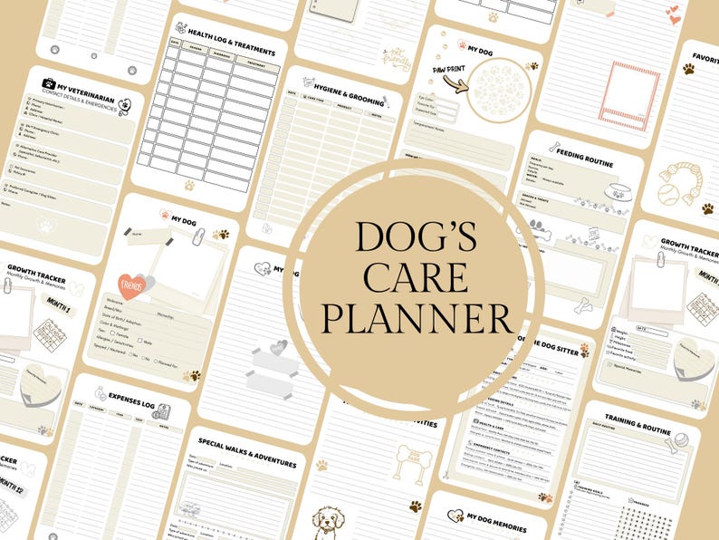May include: A beige dog care planner with various pages for tracking health, feeding, and activities. The planner includes sections for veterinary information, growth tracking, and special walks. The central design element is a circular graphic with the text "DOG'S CARE PLANNER."