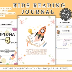 May include: A Kids Reading Journal with a rocket ship illustration on the cover, designed for ages 7-10. Includes pages for book reviews, diplomas, and a reading tracker. Available in color and black & white, A4 and US Letter size.