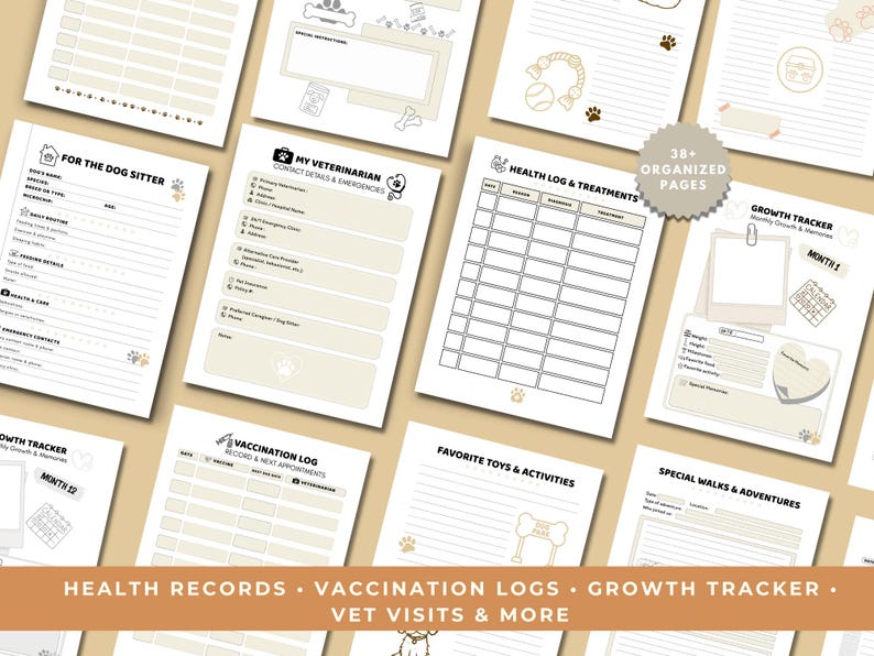 May include: A collection of beige and white dog health record pages, including sections for the dog sitter, veterinarian contact, health logs, and growth tracking. The pages are decorated with paw prints and bone illustrations. The text reads "Health Records, Vaccination Logs, Growth Tracker, Vet Visits & More."