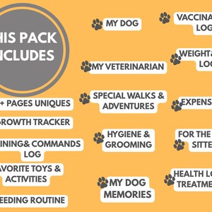 May include: A dog care pack with a yellow background. The pack includes a variety of logs and trackers, such as a vaccination log, weight and size log, and expenses log. The pack also includes a growth tracker, training log, and feeding routine.
