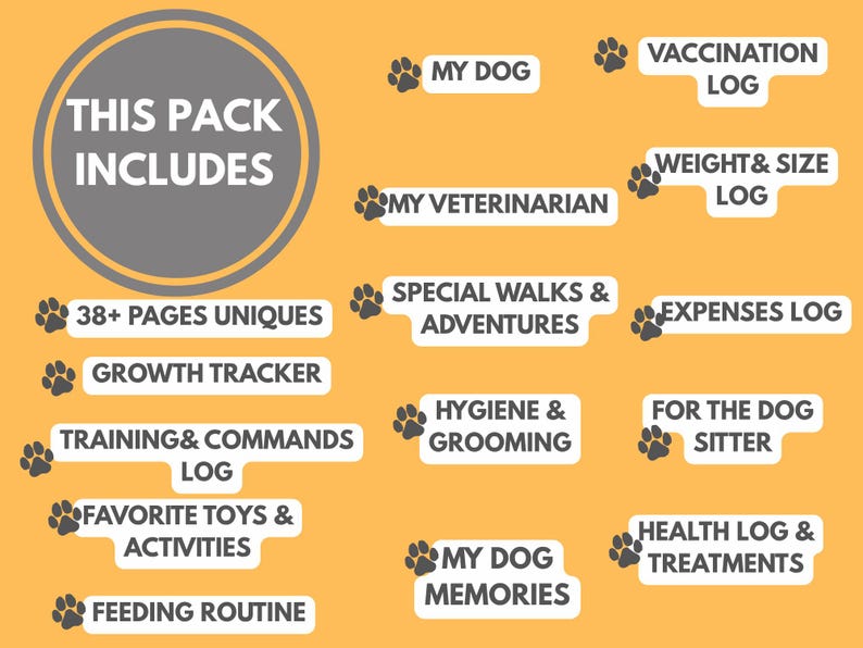 May include: A dog care pack with a yellow background. The pack includes a variety of logs and trackers, such as a vaccination log, weight and size log, and expenses log. The pack also includes a growth tracker, training log, and feeding routine.