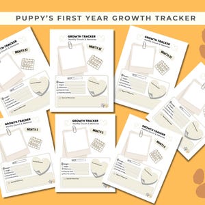 May include: A collection of puppy growth tracker pages, each designed for a specific month. The pages feature space for photos, milestones, and memories. The title "Puppy's First Year Growth Tracker" is at the top.
