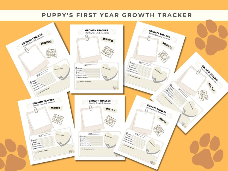 May include: A collection of puppy growth tracker pages, each designed for a specific month. The pages feature space for photos, milestones, and memories. The title "Puppy's First Year Growth Tracker" is at the top.