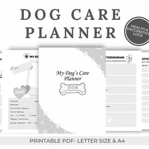 Puede incluir: Un planificador de cuidado de perros con el título "Dog Care Planner". El planificador incluye secciones para registros de salud y vacunación, notas del veterinario y otra información sobre mascotas. Disponible en PDF imprimible, tamaño carta y A4.