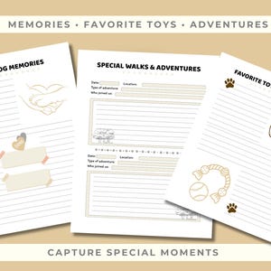 May include: Three white pages with lined paper for journaling, featuring the text "MY DOG MEMORIES", "SPECIAL WALKS & ADVENTURES", and "FAVORITE TOYS & ACTIVITIES". The pages have dog-themed illustrations and the text "MEMORIES &bull; FAVORITE TOYS &bull; ADVENTURES" and "CAPTURE SPECIAL MOMENTS".