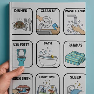 May include: A white notebook with the words "Evening Routine" at the top. The notebook has illustrated steps for a child's evening, including dinner, bath, and bedtime. The notebook is held by a hand.