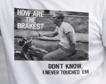 ¿Cómo van los frenos? Camiseta estampada / Camisa de moto vintage, inspirada en Steve McQueen