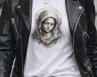 Camiseta con retrato de la Virgen María / camiseta religiosa estilo boceto, obra de arte devocional