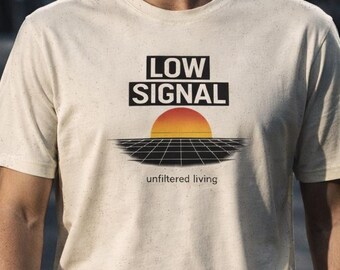 Camiseta con gráfico de atardecer retro, señal baja, estilo minimalista de los 90