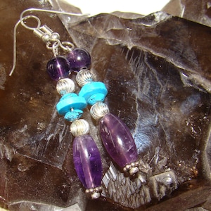 Great Amethyst and Turquoise Dangle Earrings with Sterling Beads