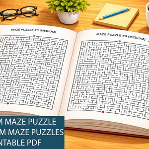 May include: An open book displays two medium maze puzzles with start and end points marked. The text "MAZE PUZZLE #3 (MEDIUM)" is at the top of each page. The bottom of the image reads "MEDIUM MAZE PUZZLE 12 MEDIUM MAZE PUZZLES PRINTABLE PDF".