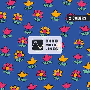 May include: A blue background with a repeating pattern of stylized flowers in yellow, pink, and orange. The image includes the text "2 COLORS" and a logo that says "CHROMATIC LINES".