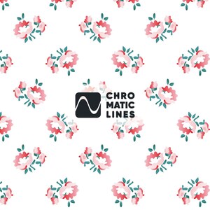 May include: White background with a repeating pattern of pink and red floral bouquets with green leaves. The text "CHROMATIC LINES" is displayed in black font with a black square and wave logo.