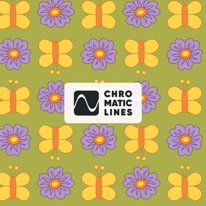 May include: A repeating pattern of yellow butterflies and purple flowers on an olive green background. A white rectangular label in the center displays a black square icon with a white wave line and the text CHROMATIC LINES in black.