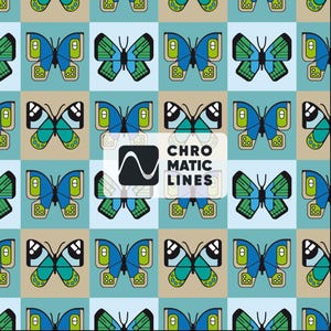 Peut inclure: Motif répété de papillons stylisés bleus, verts et noirs, sur une grille de carrés bleu clair et beige. Le motif comprend le texte "CHROMATIC LINES" et un logo.