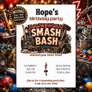 Rage Room födelsedagsinbjudningsmallpaket, Smash Bash-fest, redigerbar Canva