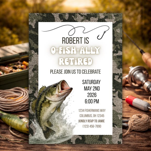 Paquete de plantillas de invitación para jubilados de O Fish Ally / Invitación para fiesta de jubilación "Gone Fishing" / Canva editable