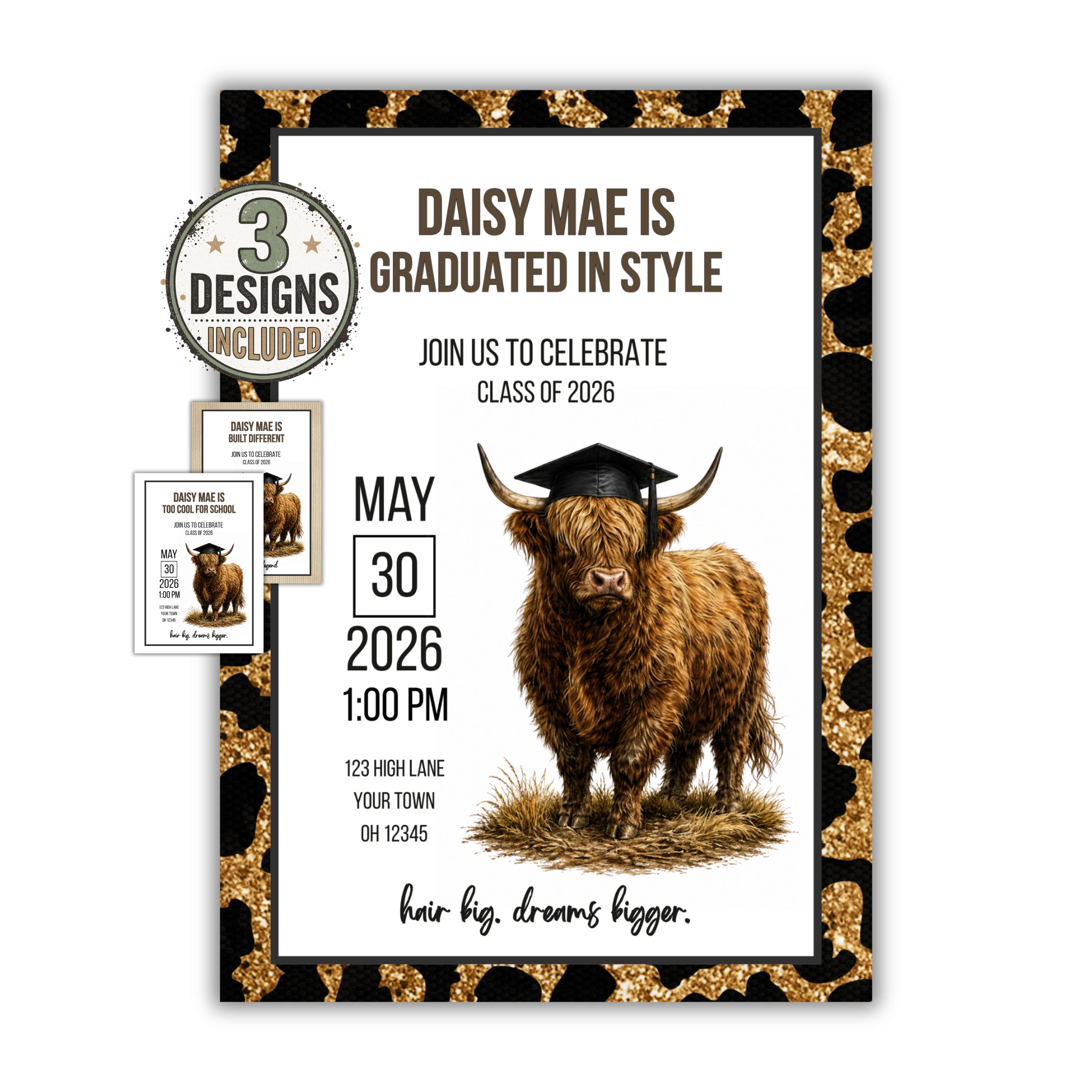 Highland Cow Graduation Invitation Template, Funny Hair Big, Dreams ...