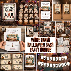 May include: A White Trash Halloween Bash party bundle featuring printable invitations, cupcake toppers, food labels, and signage. The set includes graphics of a retro camper, opossums, and string lights with text like Come for the Boos and Stay for the Bad Decisions.