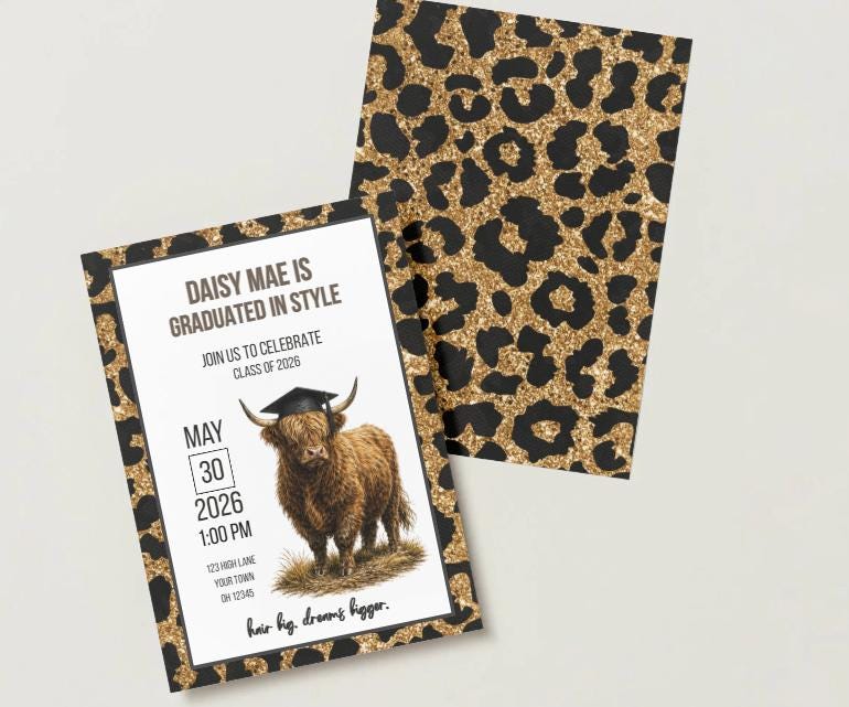 Highland Cow Graduation Invitation Template, Funny Hair Big, Dreams ...