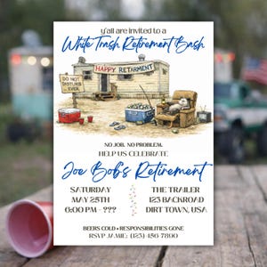 Op de afbeelding: Uitnodiging voor een humoristisch pensioenfeest. De afbeelding toont een cartoon van een caravan en een opossum. De tekst van de uitnodiging luidt "White Trash Retirement Bash" en "Joe Bob's Retirement", met datum en tijd.