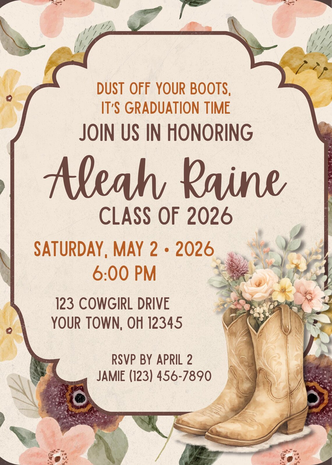 Cowgirl Graduation Invitation Template Suite | Boho Western Floral ...