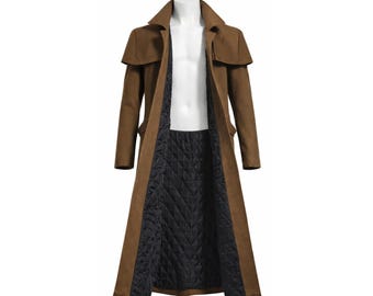Men’s Brown A7 Long Trench Coat – Vintage Military Style Overcoat