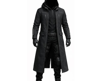 May include: A long, black hooded coat with a zipper closure, pockets, and a belt. The coat is paired with black pants, boots, and gloves. The overall style is a dark, tactical aesthetic.