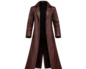 Men’s Brown Leather Long Trench Coat