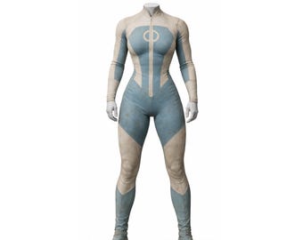 Women’s Superhero Style One Piece Suit – Blue Beige Cosplay Outfit