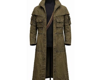 Men’s Olive Green Long Military Trench Coat