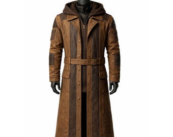 Men's Brown Hooded Long Trench Coat with Belt