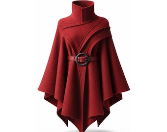 Elegant Red High-Neck Belted Poncho