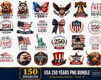 America 250 PNG Bundle, 150 Patriotic Designs, America 250th Anniversary Bundle, 1776-2026 Sublimation, 4th of July png