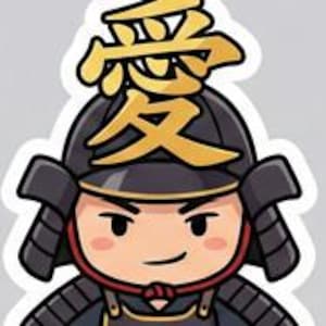 Puede incluir: Una serie de pegatinas de dibujos animados con guerreros samuráis estilizados. Cada personaje se representa con cascos y armaduras únicos, mostrando varios diseños y colores, incluyendo rojo, dorado y negro.