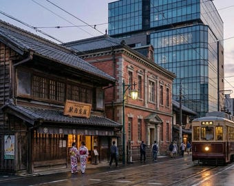 Taisho Römer Japan Street Print - Retro Kimono & Tram (Digitaler Download)