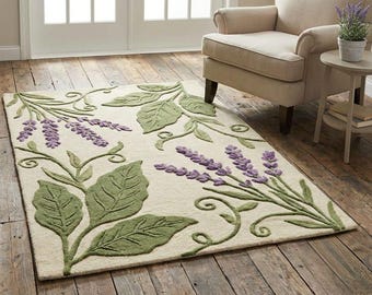 Botanical Lavender Floral Area Carpet, Nature Inspired Home Decor, booking for living room bedroom rug