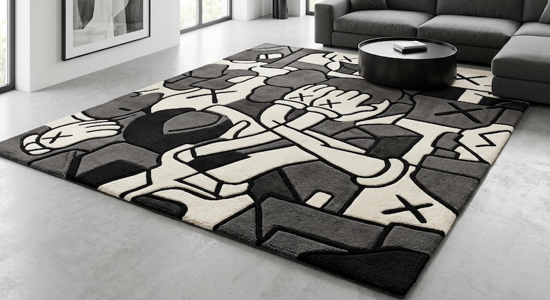 May include: A large, rectangular area rug with a modern design. The rug features a repeating pattern of abstract figures in shades of gray, black, and off-white. The design includes stylized hands with crossbones. The rug is placed on a concrete floor.